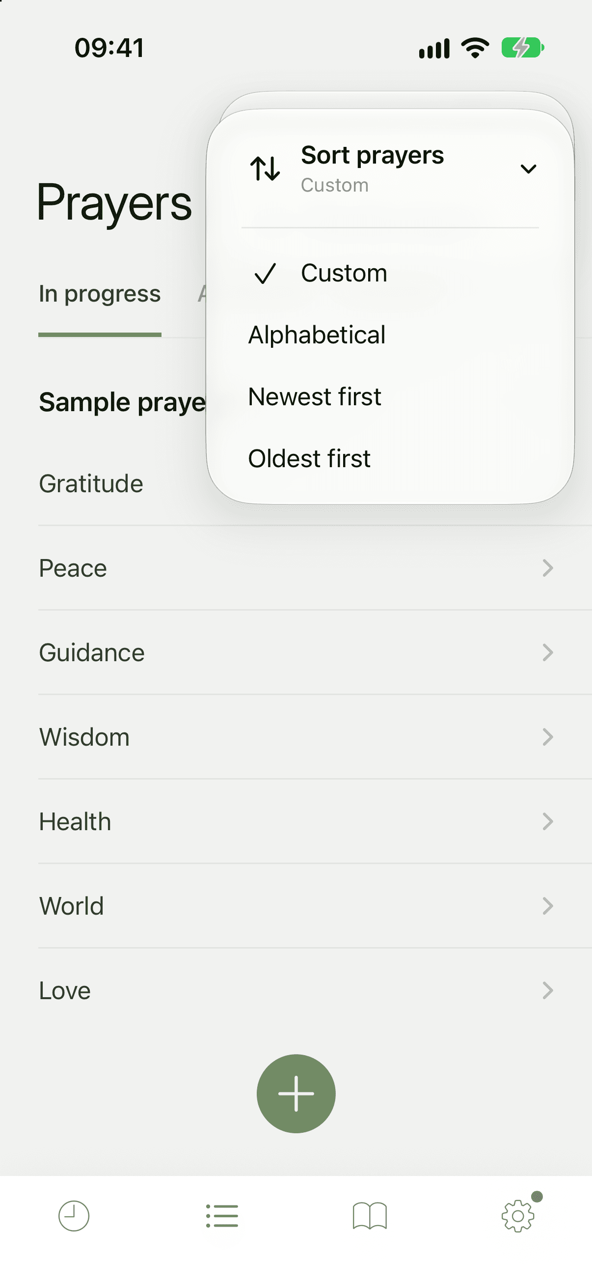 The Prayers tab menu open on Sort prayers, listing Custom, Alphabetical, Newest first and Oldest first, with Custom ticked