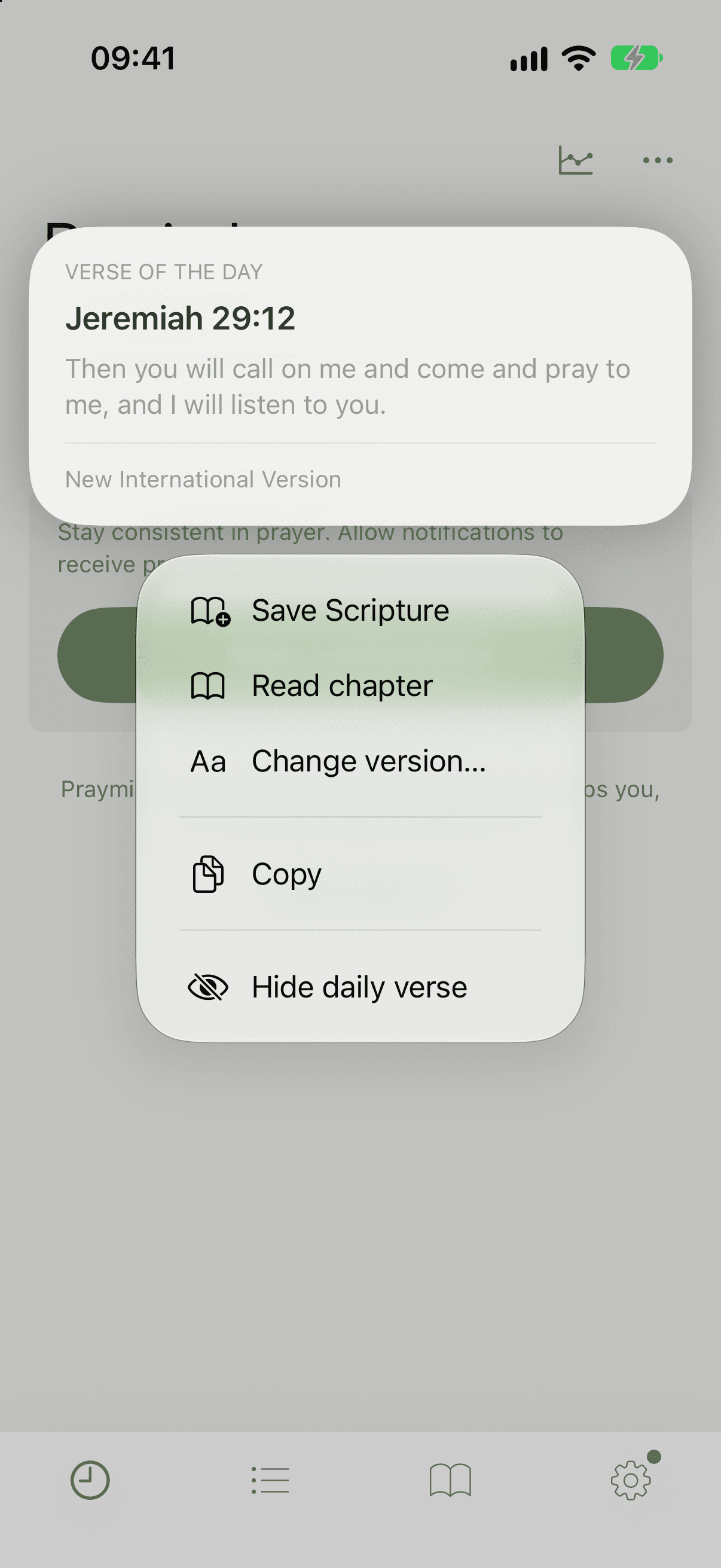 The long-press menu on the verse of the day, listing Save Scripture, Read chapter, Change version, Copy and Hide daily verse