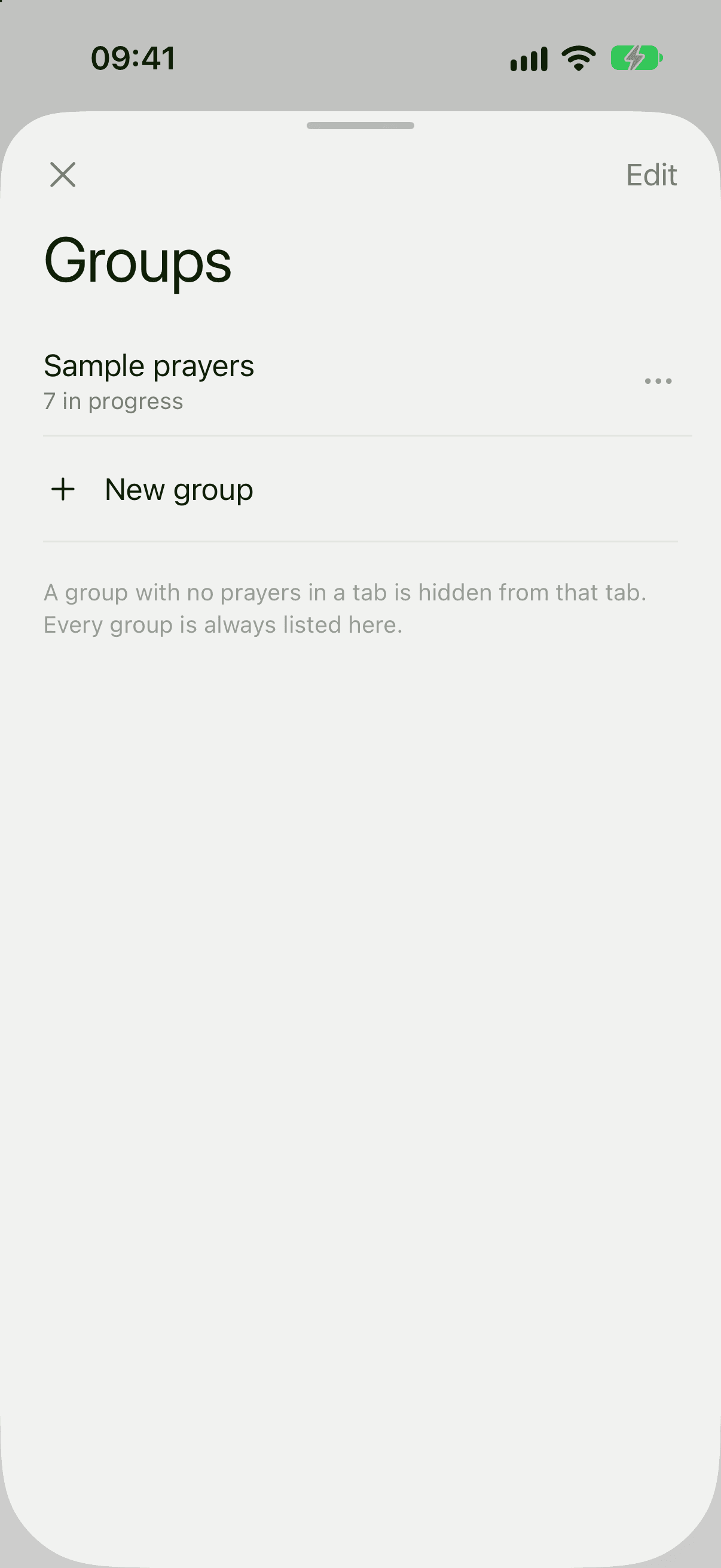 The Groups screen listing a group with its prayer count, a New group row, and an Edit button